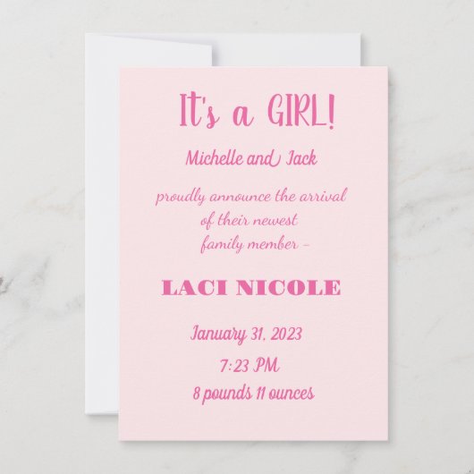 出産シンプル発表 招待状 (正面)