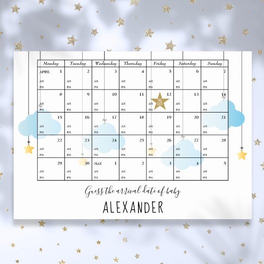 出産予定日と時間の星のベビーシャワーゲームを当てよう ポスター