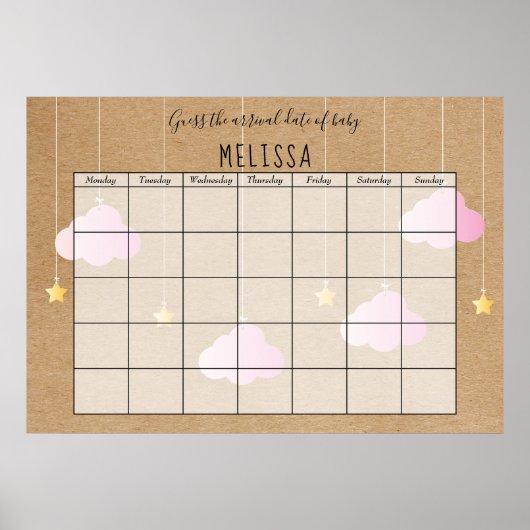出産予定日を当てよう Rustic Pink Clouds Gold Stars ポスター (正面)