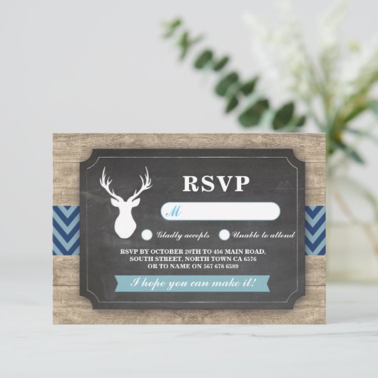 出産前祝い 男の子 青 木製 レトロ風 招待状 返信催促 (スタンド正面)