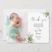 出産報告と感謝のグリーンと花のカード 赤ちゃんの写真2枚付き 案内状 (正面)