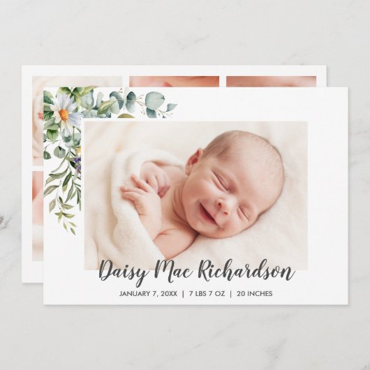 出産案内フォトカードホワイトデイジー 案内状 (正面/裏面)
