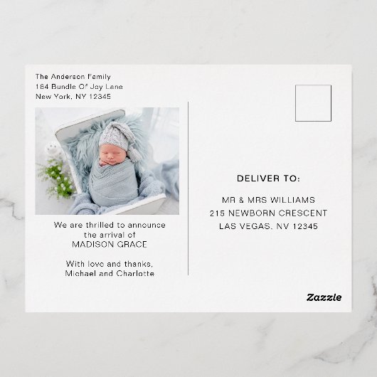 出産案内フォトコラージュ | I'm New Here 箔招待状ポストカード (裏面)