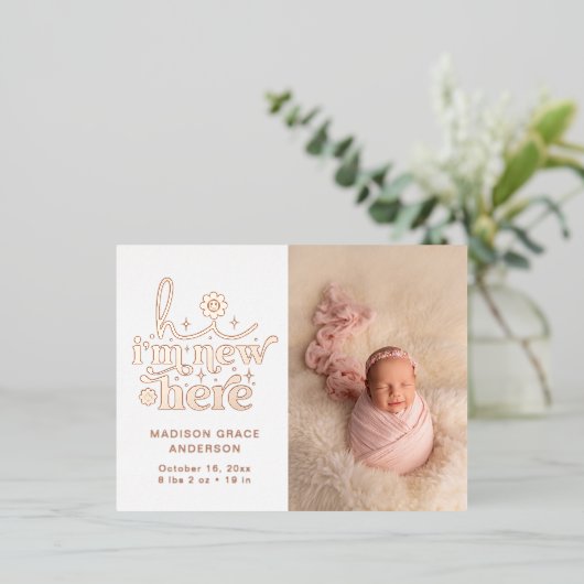 出産案内フォトコラージュ | I'm New Here 箔招待状ポストカード (立ち正面)