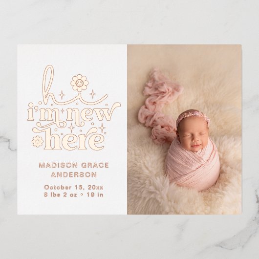 出産案内フォトコラージュ | I'm New Here 箔招待状ポストカード (正面)