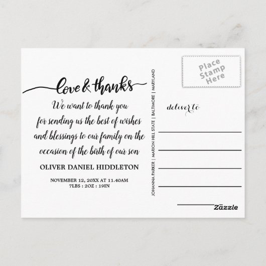 出産発表の愛と感謝してい三つの写真 ポストカード (裏面)