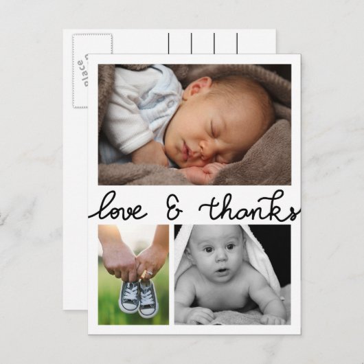 出産発表の愛と感謝してい三つの写真 案内ポストカード (正面/裏面)