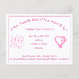 出産発表を行う新しい手 – ベビーガール 案内ポストカード