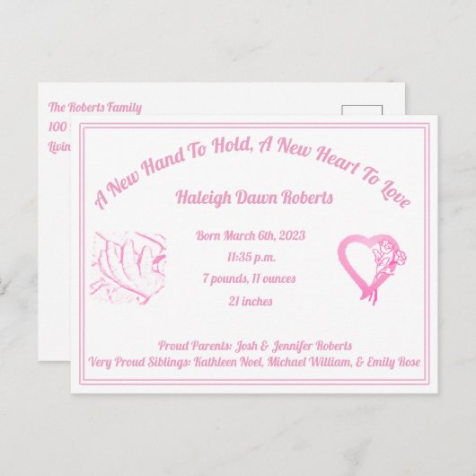出産発表を行う新しい手 – ベビーガール 案内ポストカード (正面/裏面)