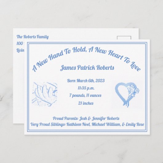 出産発表を行う新しい手 – 男の赤ちゃん 案内ポストカード (正面/裏面)
