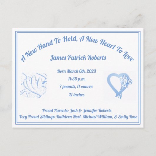 出産発表を行う新しい手 – 男の赤ちゃん 案内ポストカード (正面)