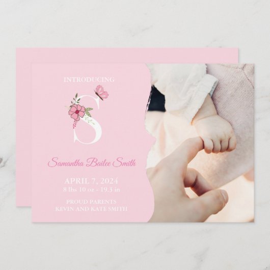 出産発表ガールイニシャルS 招待状 (正面/裏面)