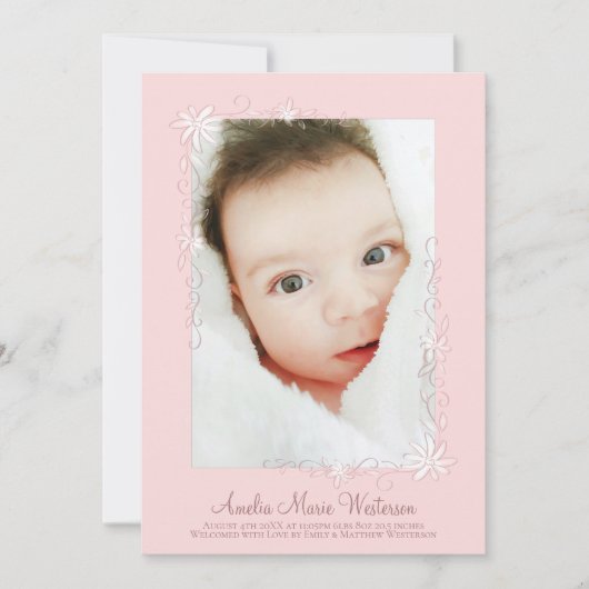 出産発表ガールヴィンテージピンク 招待状 (正面)