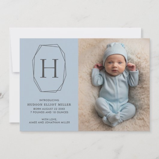 出産発表モノグラムモダンブルーカード 案内状 (正面)