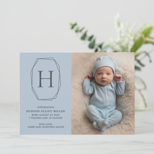 出産発表モノグラムモダンブルーカード 案内状 (スタンド正面)