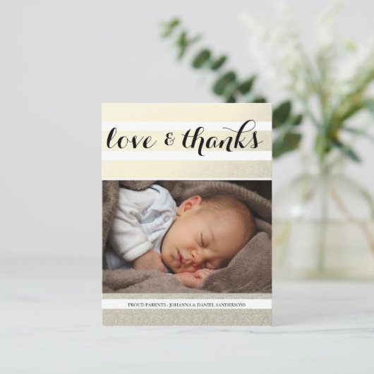 出産発表ラヴ感謝してい金ゴールドストライプ写真 案内ポストカード (スタンド正面)