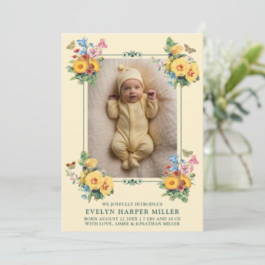 出産発表ヴィンテージ花イエローカード 案内状 (スタンド正面)