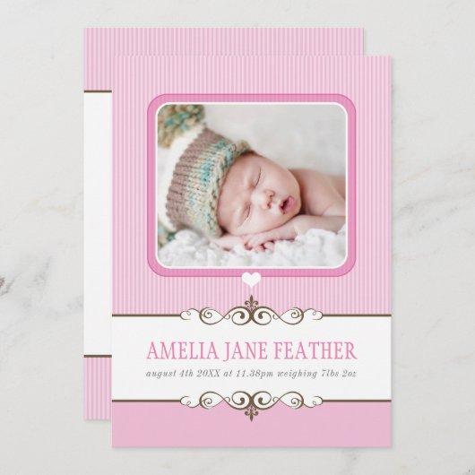 出産発表大切赤ちゃんピンク 案内状 (正面/裏面)