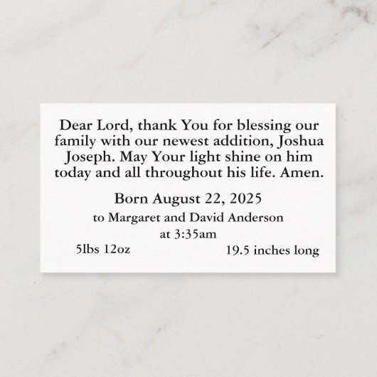 出産発表祈りの言葉カード コーリングカード (裏面)