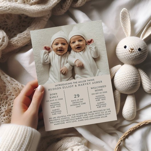 出産発表Preemie Twins NICU Taupe Card 案内状