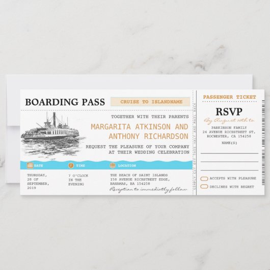 出航券 クルーズ 結婚式 招待状(RSVP付) 招待状 (正面)
