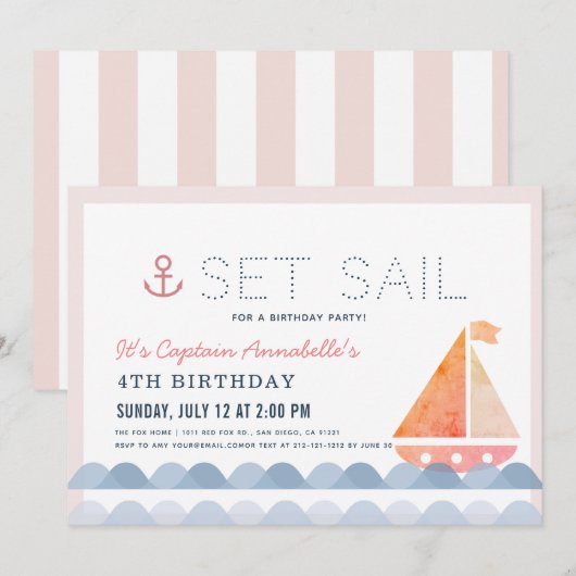 出航 ヨット 航海 ピンクの女の子 誕生日 招待状 (正面/裏面)
