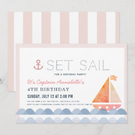 出航 ヨット 航海 ピンクの女の子 誕生日 招待状