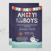 出航！双子の男の子のシャワー招待状 海洋 ネイビー 招待状 (正面/裏面)