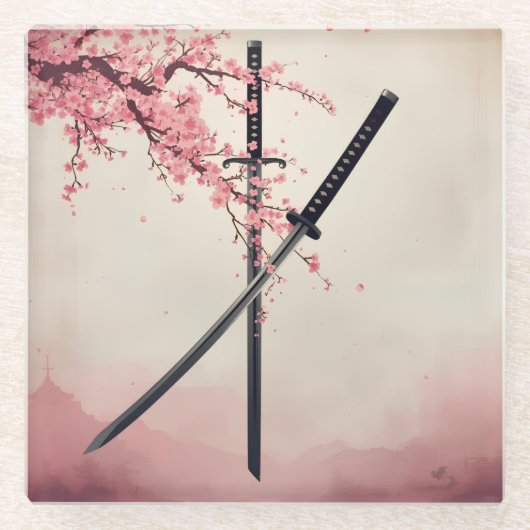 「刀と散華（Katana to Sange）」 ガラスコースター (正面)