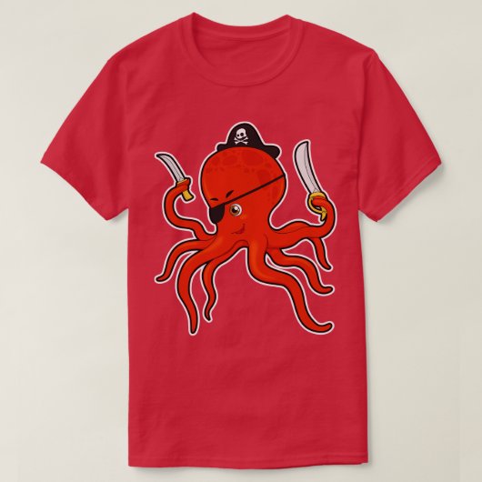 刀のナイフで海賊化したタコ Tシャツ (デザイン正面)