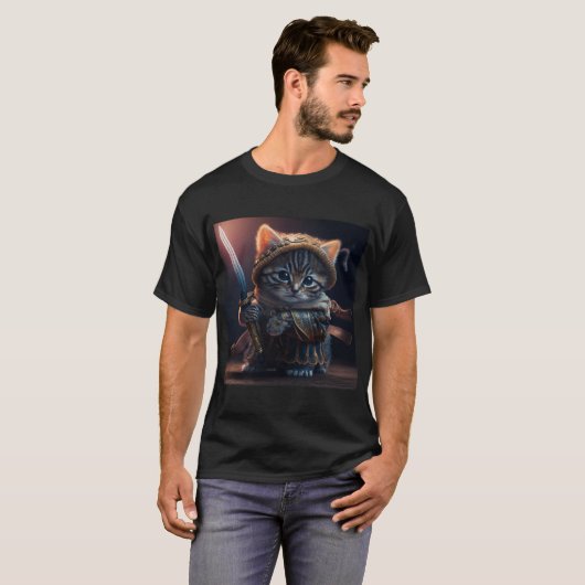 刀を持つ戦士としての猫 Tシャツ (正面フル)