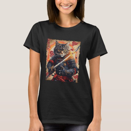 刀を持つ浪人サムライ猫戦士 ネコ武士 Tシャツ (正面)