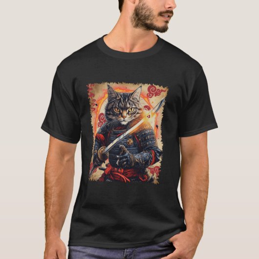 刀を持つ浪人サムライ猫戦士 フェリンブルシ Tシャツ (正面)