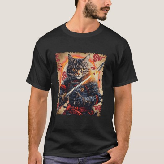 刀を持つ浪人サムライ猫戦士 フェリーニャ武士 Tシャツ (正面)