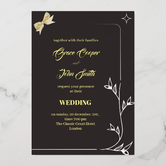 分スタイリッシュ縁ど布とリボ結婚ンのカード 箔招待状 (正面)