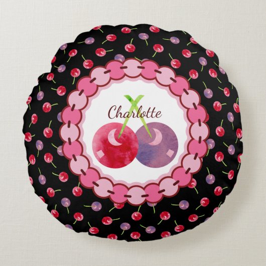 分散水色さくらんぼ パーソナライズされた ラウンドクッション (正面)