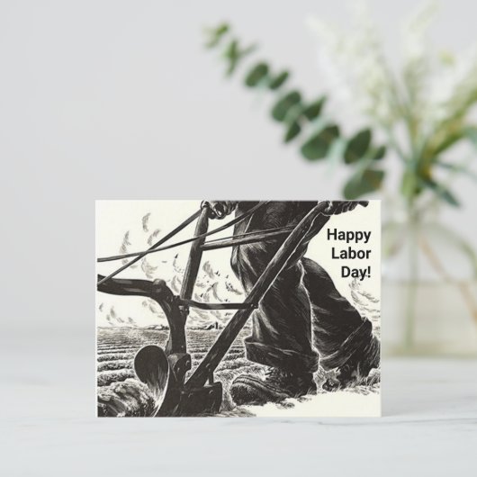 分野の幸せな労働者の日の労働者のPCを耕すハードワーク シーズンポストカード (スタンド正面)