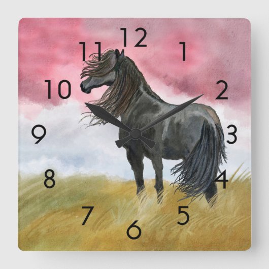 分野の時計の野生の黒い馬のムスタング スクエア壁時計 (正面)