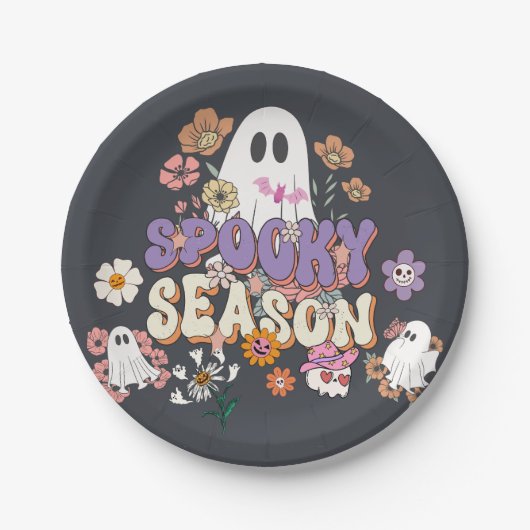切りスプキー幽霊と花ハロウィーン紙プレート ペーパープレート (正面)