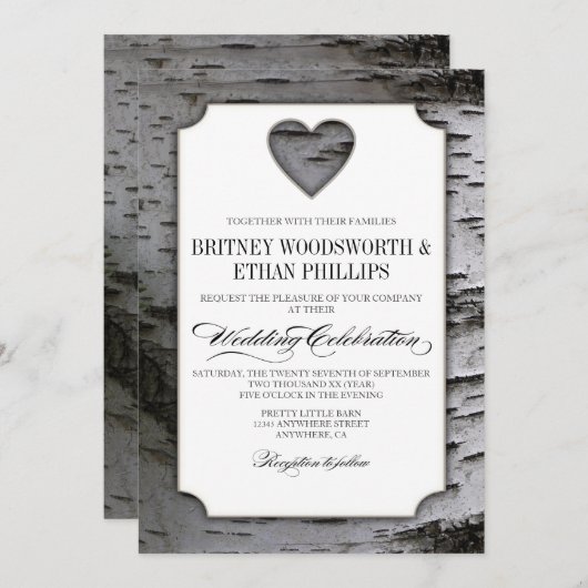 切り出しのハートの樺の木の吠え声の結婚式招待状 招待状 (正面/裏面)