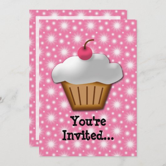 切り出しの上にピンクのさくらんぼが付いたカップケーキ 招待状 (正面/裏面)