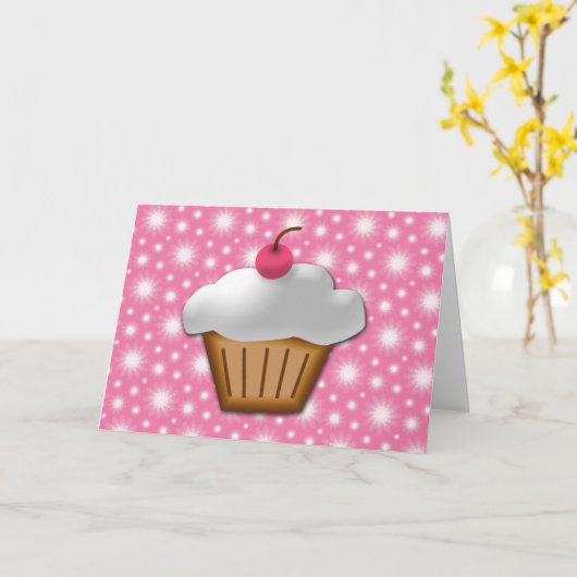 切り出しカップケーキとピンクのさくらんぼを上 カード (黄色い花)