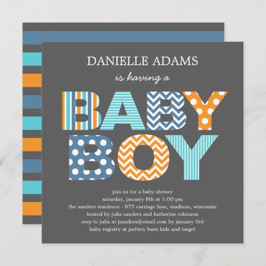 切り出しレターベビーシャワー招待状 – 男の子 招待状 (正面/裏面)