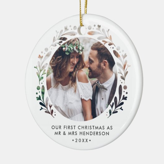 切り出し額写真初めてのクリスマスをミスター&ミセスとして セラミックオーナメント (左)