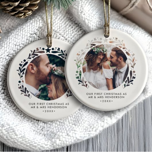切り出し額写真初めてのクリスマスをミスター&ミセスとして セラミックオーナメント