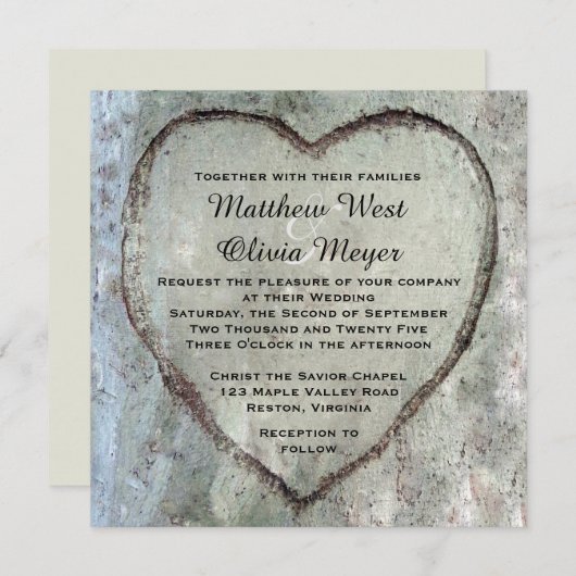 切り分けられたハートの樺の木の結婚式 招待状 (正面/裏面)