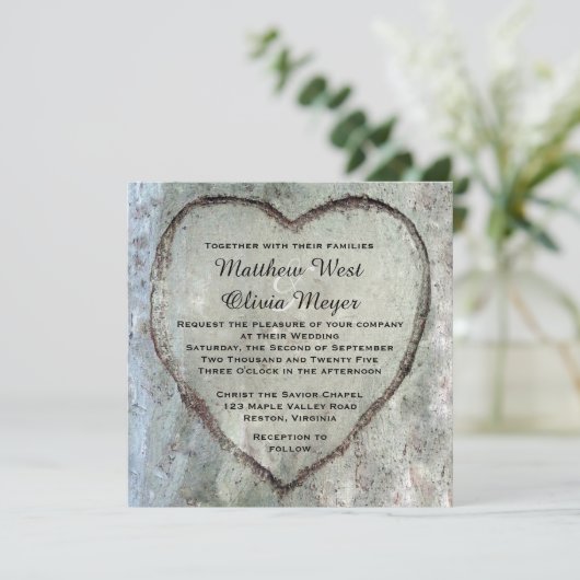 切り分けられたハートの樺の木の結婚式 招待状 (スタンド正面)