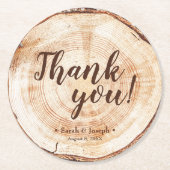 切り分けられた丸太のスライス 素朴なウェディング サンクス ラウンドペーパーコースター (正面)