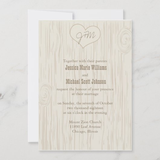 切り分けられた木の結婚式 招待状 (正面)