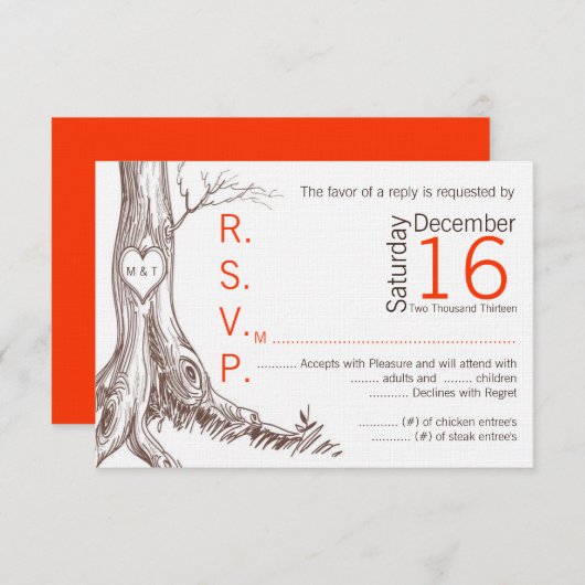 切り分けられる3x5 R.S.V.P.の応答カード秋の木のイニシャル 出欠カード (正面/裏面)